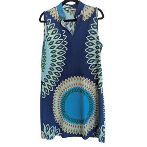 LARGE Travel Dress Mediterranean Medallion Shift Blue Green Split Neck Women